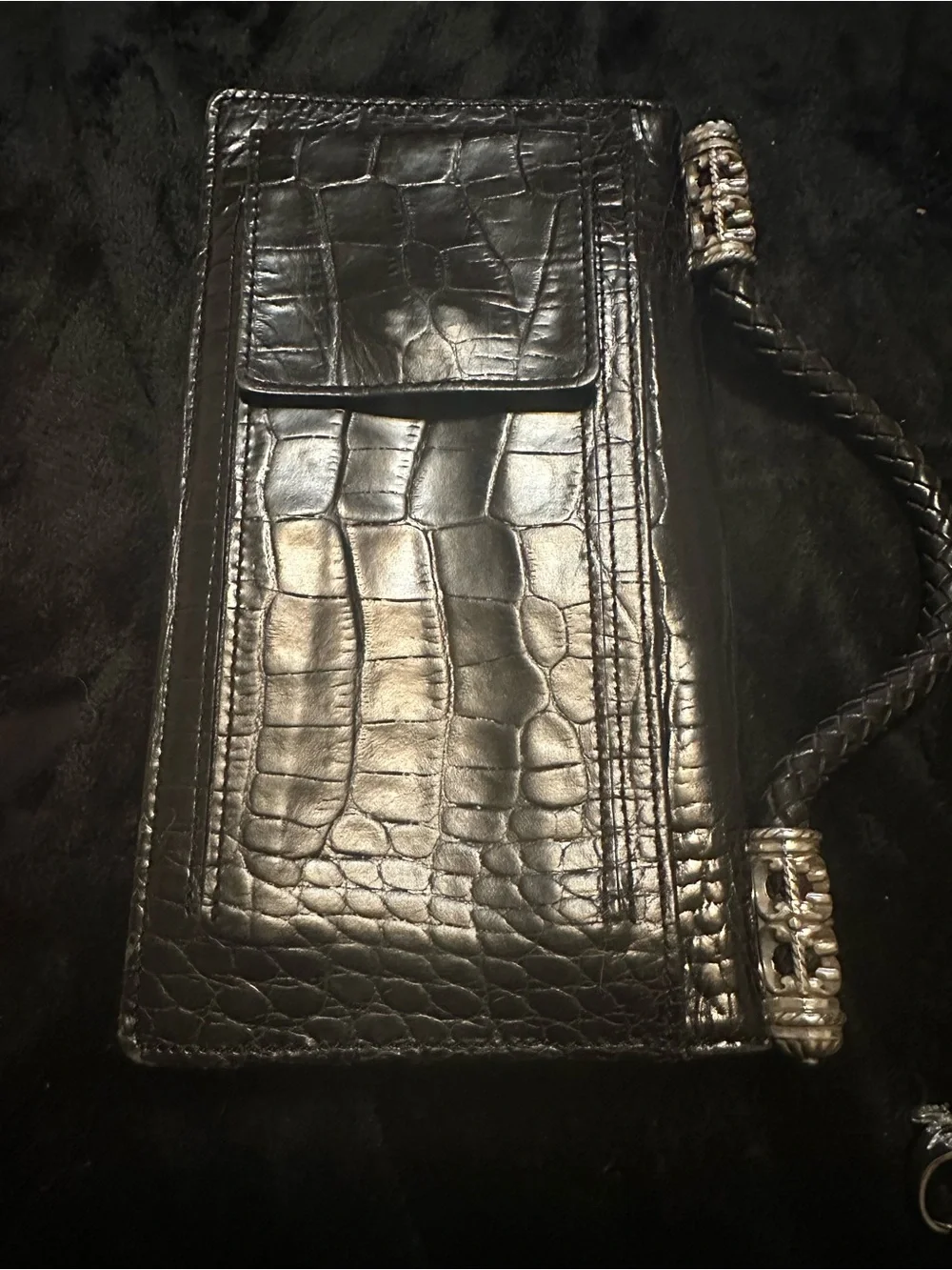 BRIGHTON Black Croc-Embossed Leather Top-Handle Bag Compartments GALORE